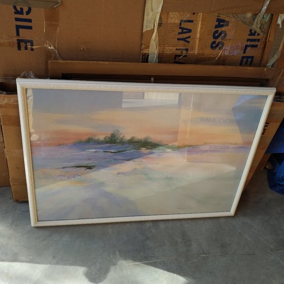 SUNSET LANDSCAPE PRINT IN PRETTY PASTEL COLORS IN OFF-WHITE CARVED WOOD FRAME - Picture 1 of 4
